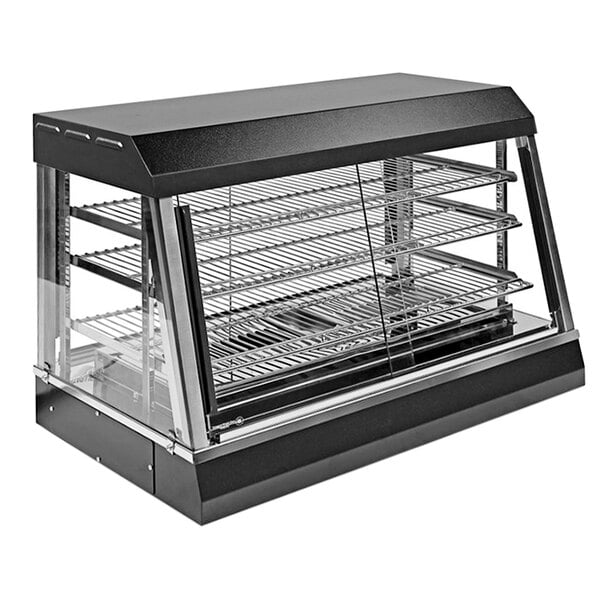 A black and silver Vollrath countertop hot food display case with a glass door.