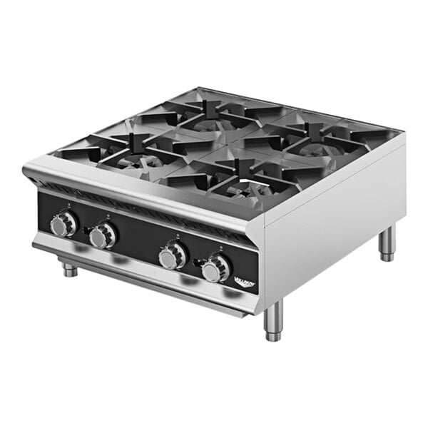 A stainless steel Vollrath countertop gas range with four burners.