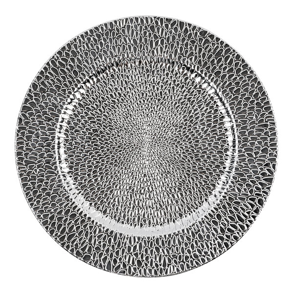 A silver American Atelier charger plate with a pattern of raindrops.