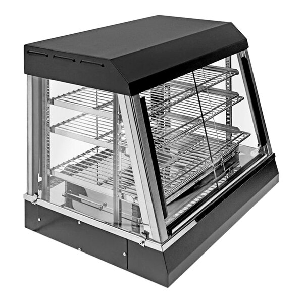 A black and silver Vollrath countertop hot food merchandiser with a metal rack inside.