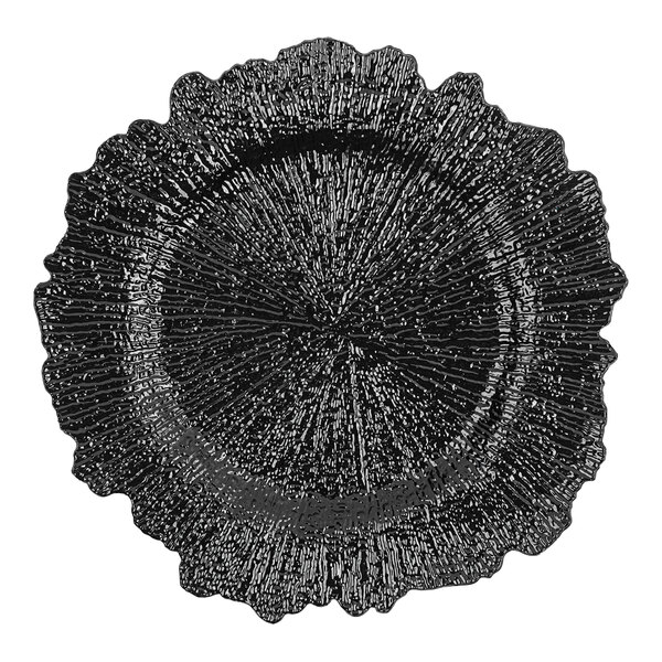 An American Atelier black plastic charger plate with a large circular textured design.
