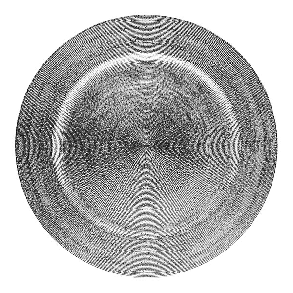 A silver American Atelier charger plate with a circular pattern.