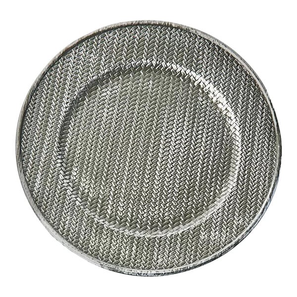 An American Atelier plastic charger plate with a woven pattern in antique gray.