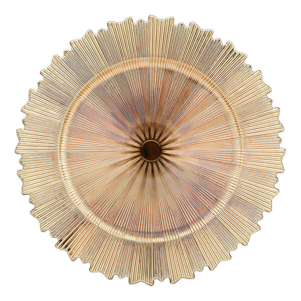 An American Atelier gold plastic charger plate with a circular sunburst pattern and gold center.