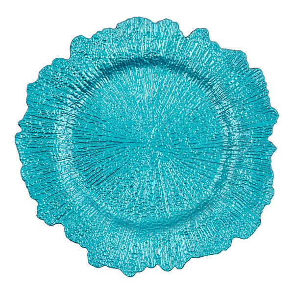 An aqua plastic charger plate with a textured leaf design.