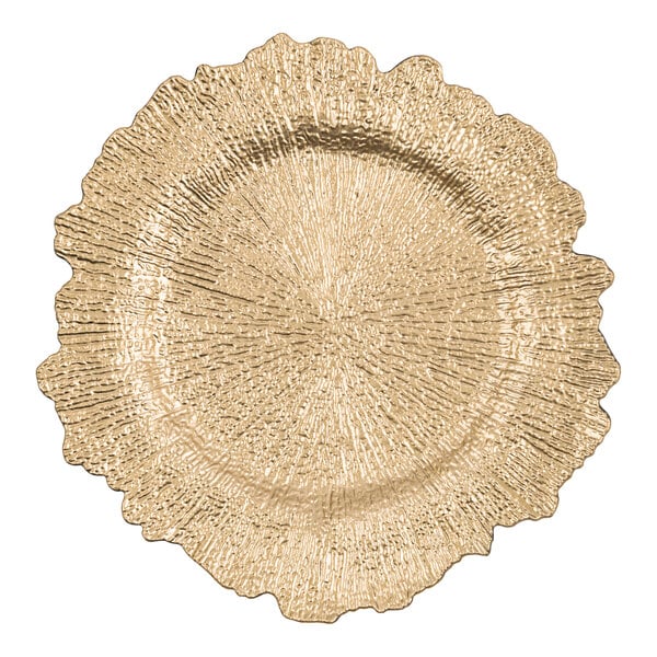 An American Atelier gold plastic charger plate with a circular and scalloped design.