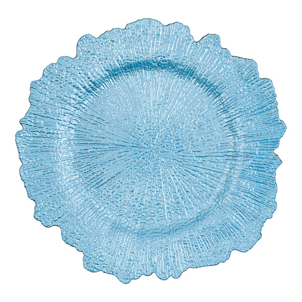 A light blue plastic charger plate with a scalloped edge and a large circular reef design.