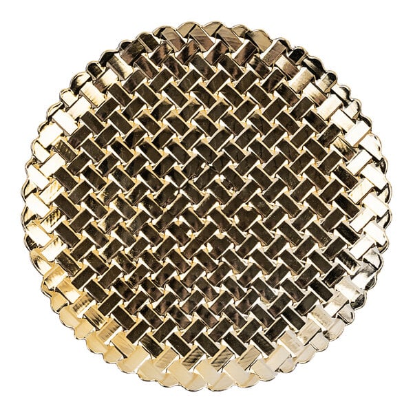 A close up of an American Atelier gold plastic charger plate with a woven pattern.