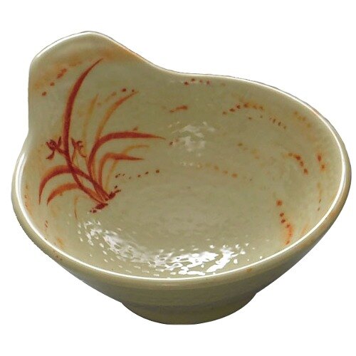 A white melamine bowl with red and orange orchid designs.