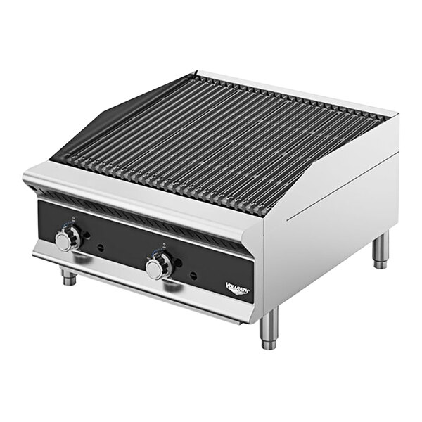 A close up of a Vollrath medium-duty charbroiler with a stainless steel top.