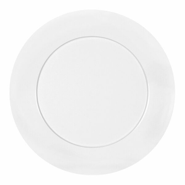 A white melamine plate with a round edge and a white rim.