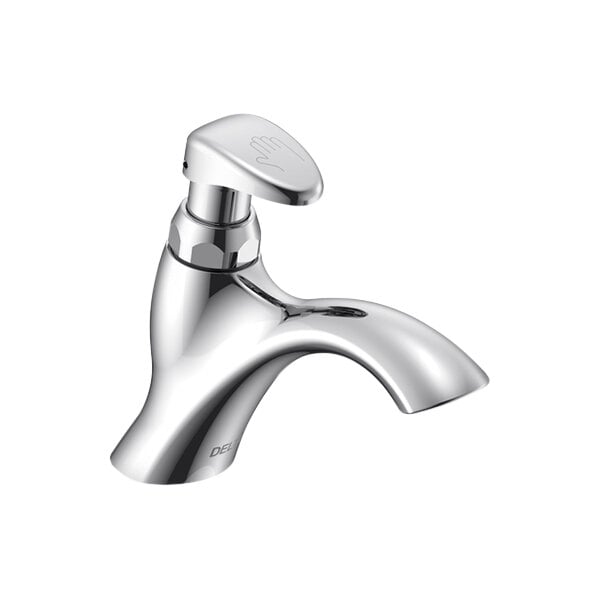 A close-up of a silver Delta metering lavatory faucet with push handle.