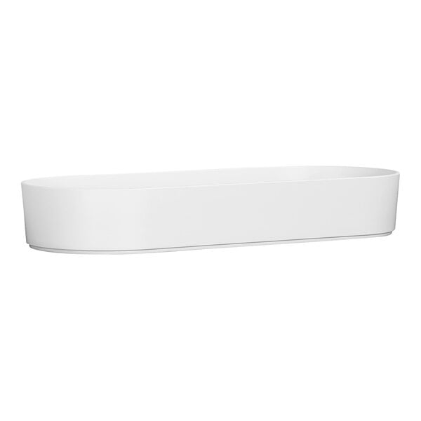 A white rectangular Cal-Mil melamine bowl with a raised rim.