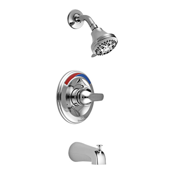 A Delta chrome shower faucet with a shower head and faucet.