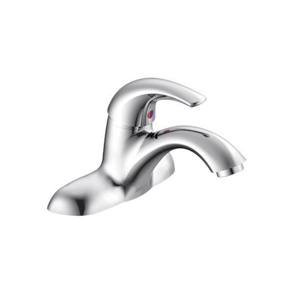 A Delta chrome single lever faucet with a white handle.
