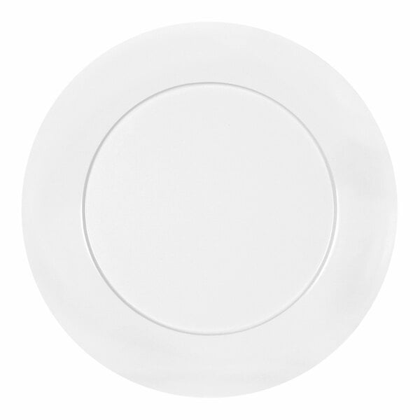 A white plate with a round edge.