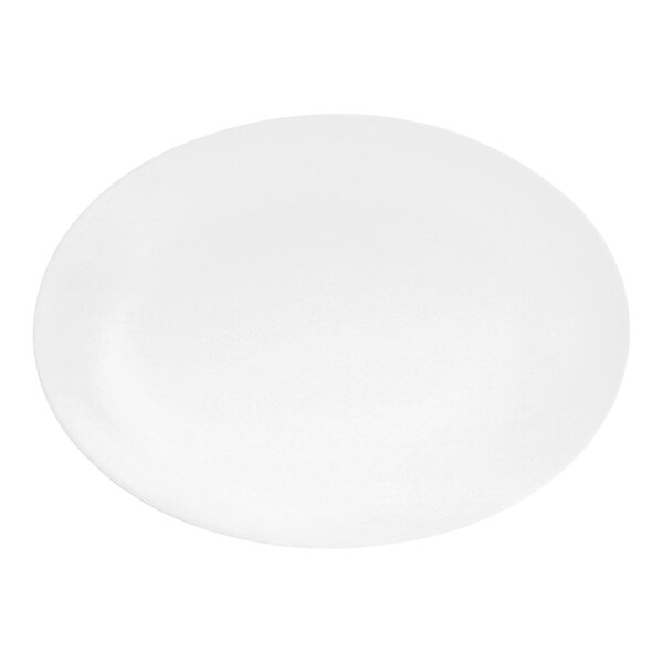 A white Cal-Mil oval melamine plate with a white rim.
