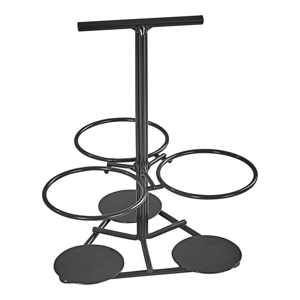 A black metal Cal-Mil flatware holder with three round cylinders on a stand.