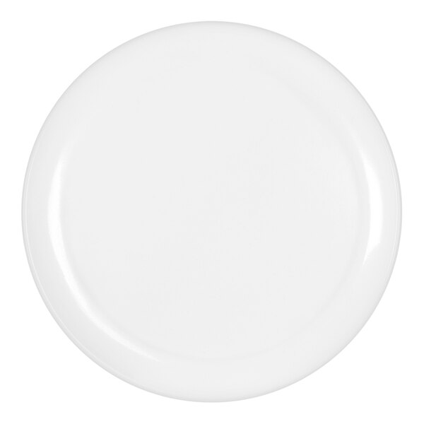 A white Cal-Mil melamine plate with a white rim.