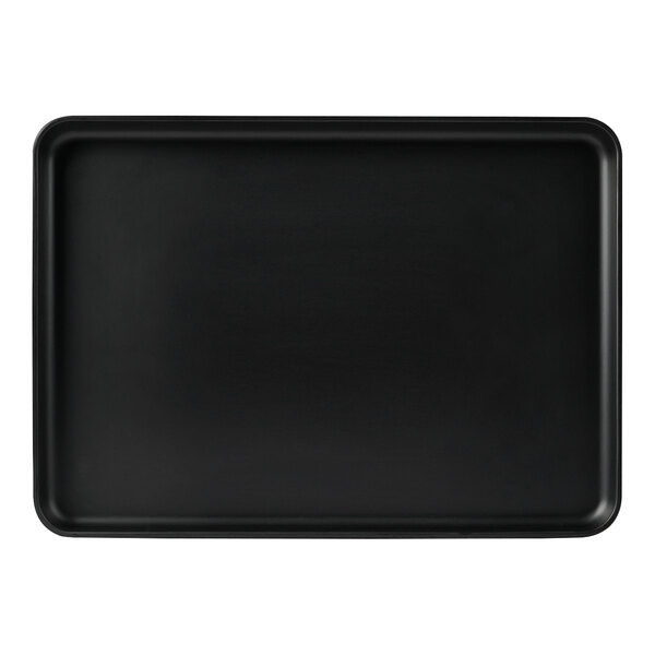 A black rectangular Cal-Mil melamine tray with a raised rim.