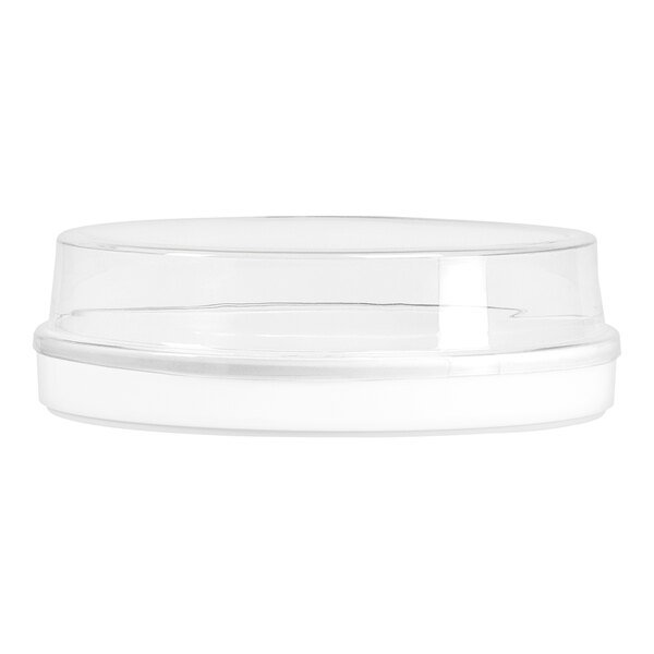 A clear plastic plate cover with a clear lid.
