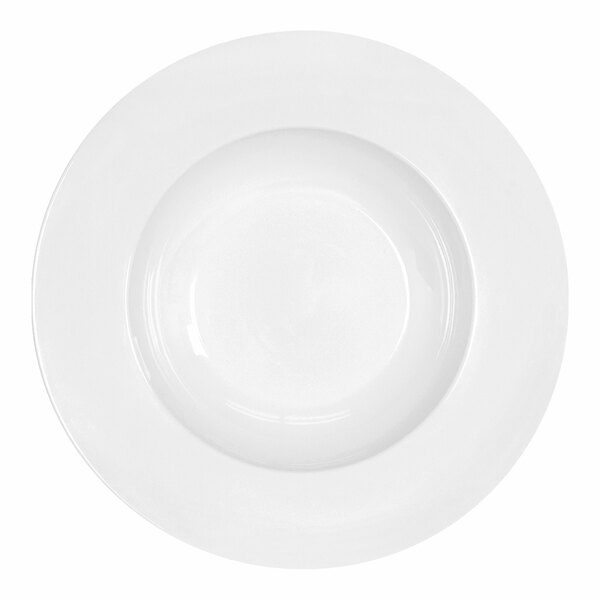 A white bowl with a white rim on a white background.
