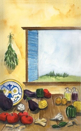 A painting of a Mediterranean kitchen with a window, table of vegetables, and a blue and yellow plate.
