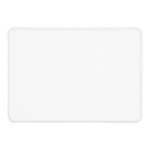 A white rectangular melamine platter with a raised rim.
