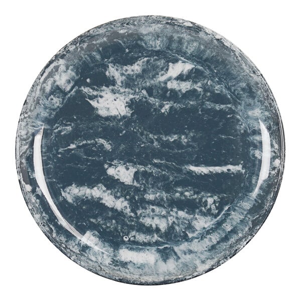 A Cal-Mil melamine plate with a blue and white marble design.