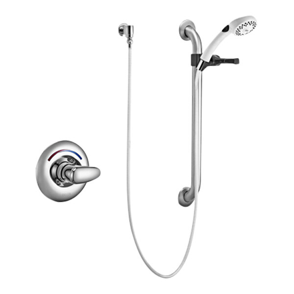A Delta shower head and faucet.