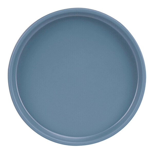 A Cal-Mil Hudson stone blue melamine plate with a raised rim on a white background.