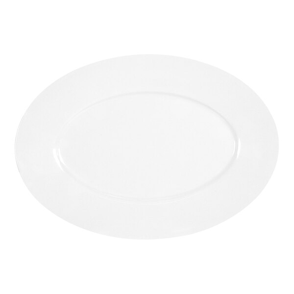 A white oval Cal-Mil melamine platter with a round edge.