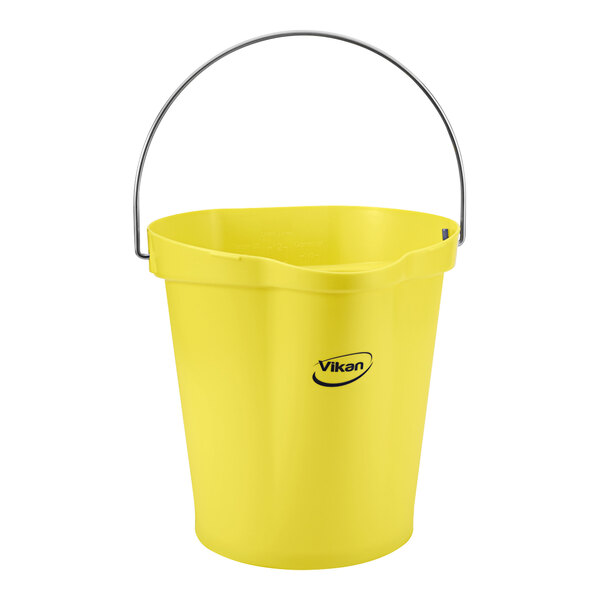 A yellow Vikan hygiene bucket with a handle.