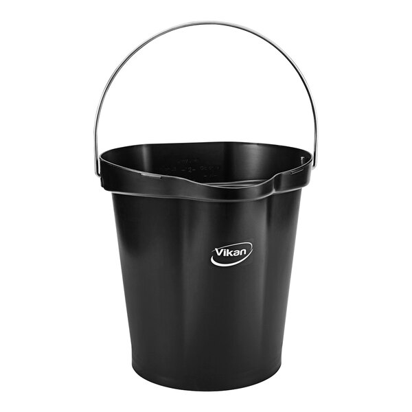 A black Vikan hygiene bucket with a handle.