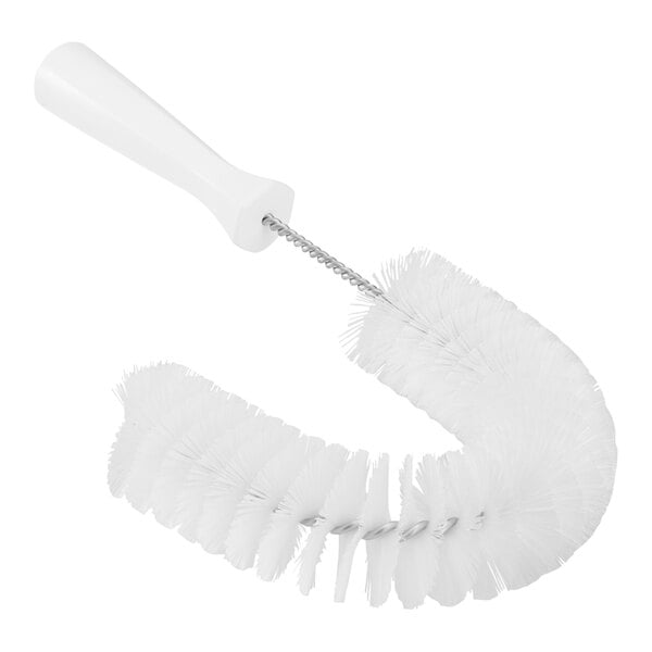 A white brush with a handle and metal screw for cleaning pipes.