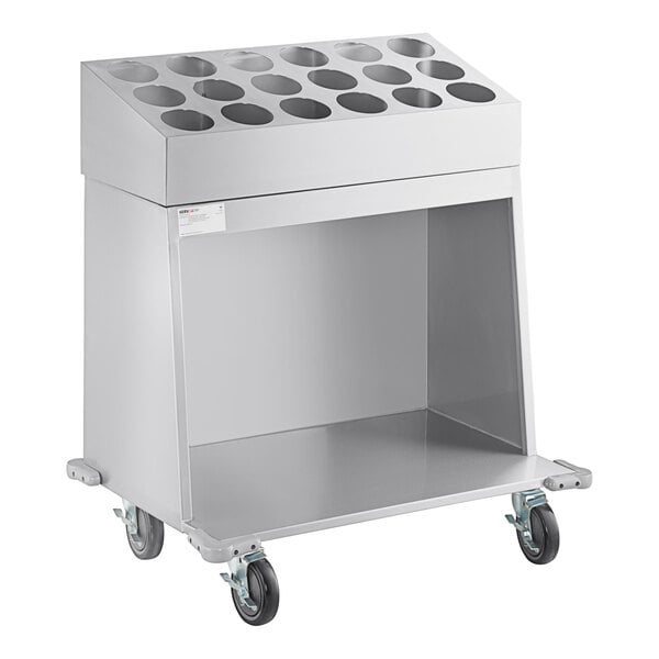 A silver ServIt flatware cart with a shelf and 18 cylinder capacity.