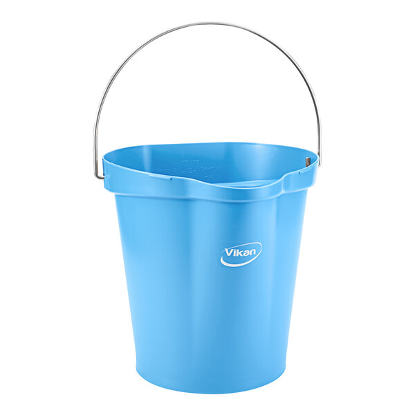 A blue Vikan 3 gallon hygiene bucket with a handle.