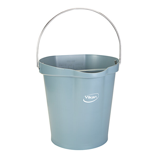 A gray Vikan hygiene bucket with a handle.