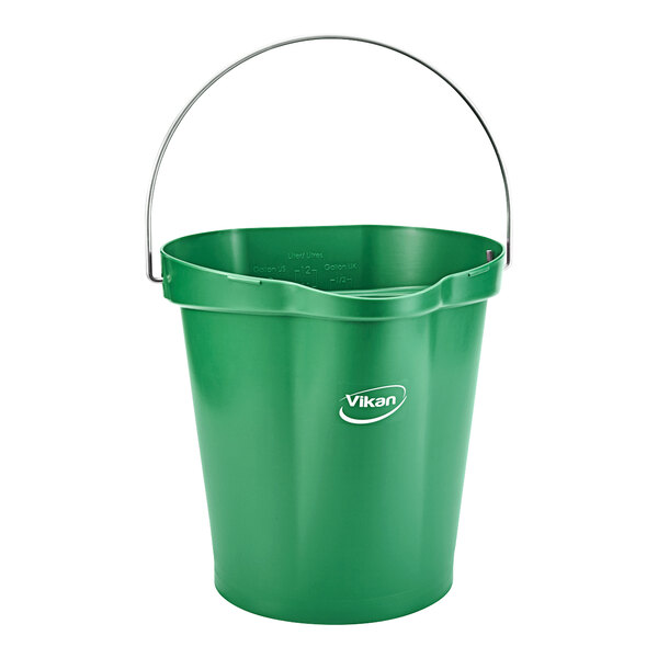 A green plastic Vikan hygiene bucket with a handle.
