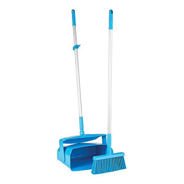 A blue Remco lobby broom and dustpan with a white pole.