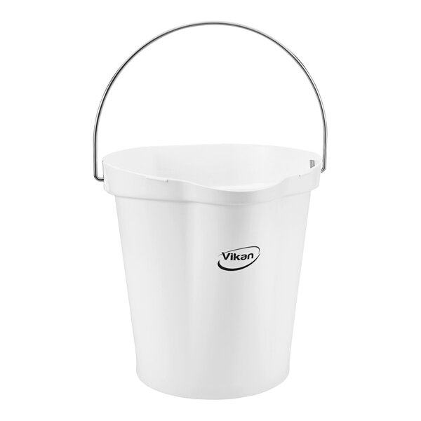 A white Vikan hygiene bucket with a handle.