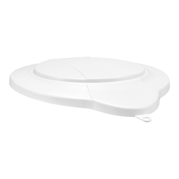 A white plastic lid with a circular design and a loop.