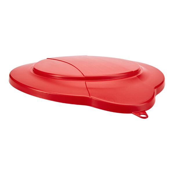 A red Vikan lid with a curved edge and a hole in it.
