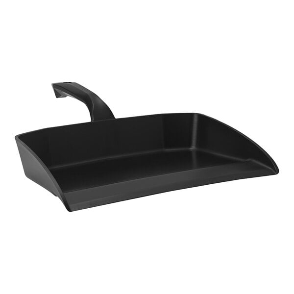 A black Vikan dustpan with a handle.