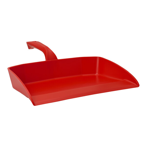 A red plastic dust pan with a handle.