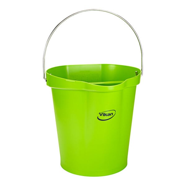 A green Vikan hygiene bucket with a handle.