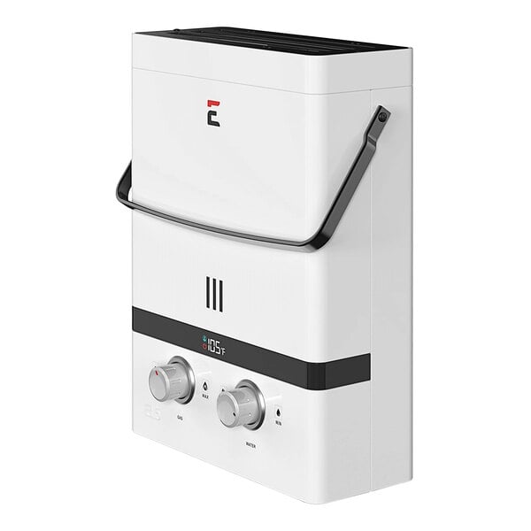 A white rectangular Eccotemp outdoor tankless water heater with black knobs and a black handle.