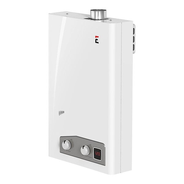 A white Eccotemp tankless water heater with a control panel.