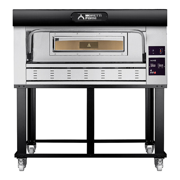A black and silver Moretti Forni liquid propane pizza deck oven on a stand with wheels.