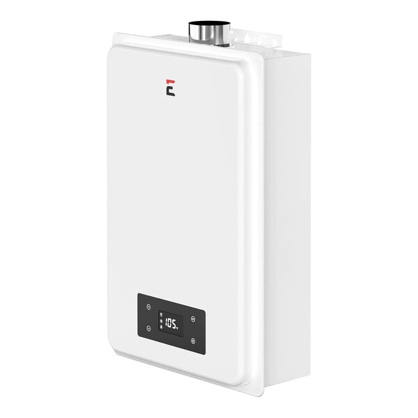 A white rectangular Eccotemp natural gas tankless water heater with a black and red button.